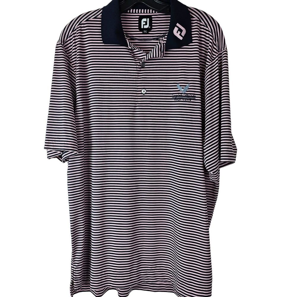 Footjoy Mens Polo Shirt Large Pink Navy Blue Stripes‎ Performance Golf Club SC